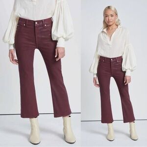 7FAM • High Waist Slim Kick in Coated Ruby Rust crop flare maroon burgundy ankle